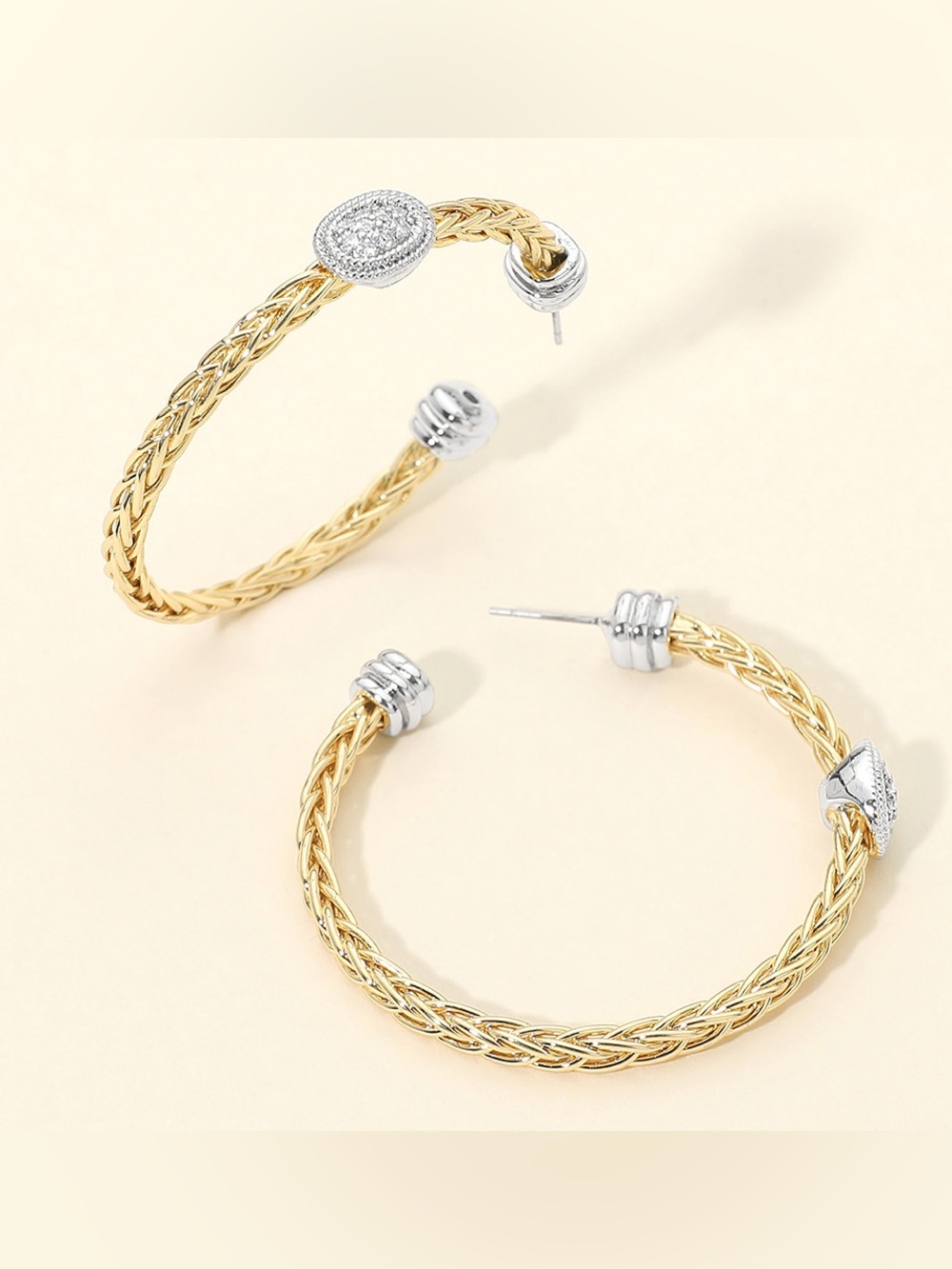 14K Gold Plated Two Tone Oval CZ Pave Accent Braided Hoop Earrings